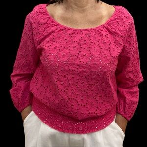 Cleo 100% Cotton Fuchsia Hot Pink Eyelet Peasant Style Blouse Size Small Petite